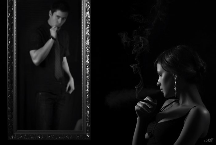 девушка, парень, дым, курение, ссора, зеркало, NO