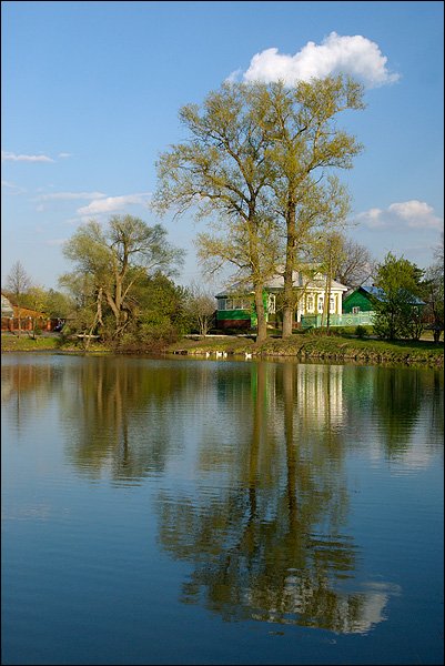 пруд, деревня, деревья, облака. небо, Дмитрий Бречалов