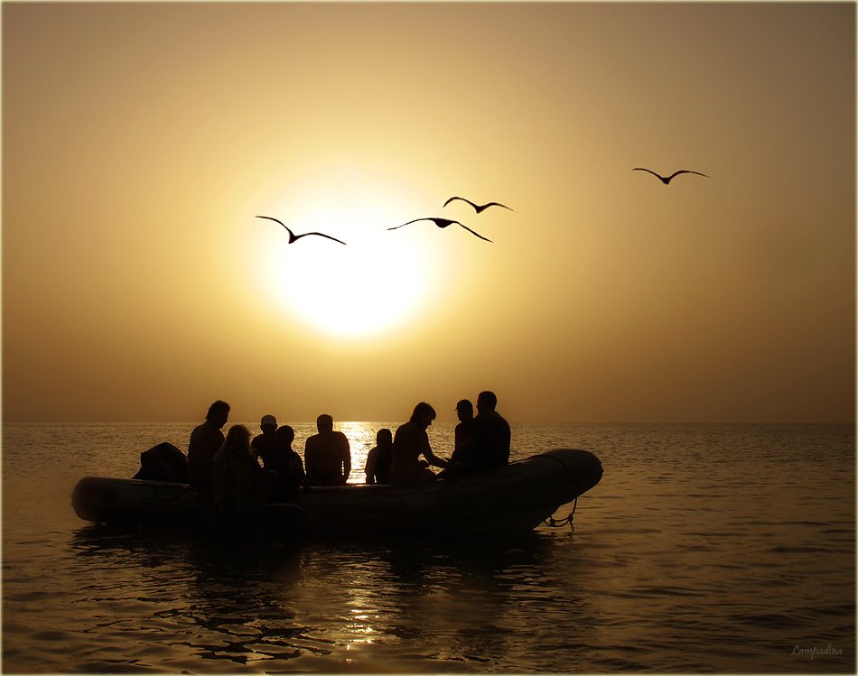 красное море, судан, закат, солнечный диск, лодка, люди, чайки, lampadina