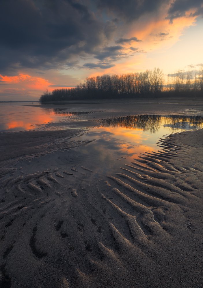 nature landscape beach sand structure patterns shapes water sunset colors warm, Lyuboslav