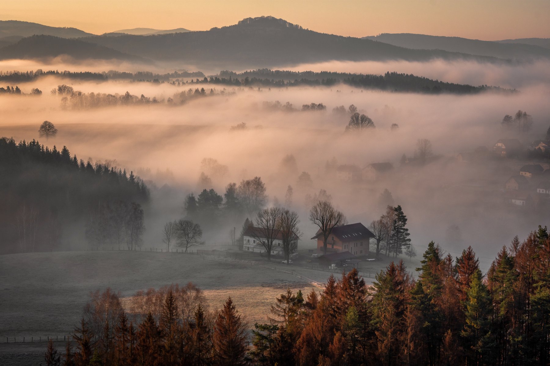 sunrise, fog, landscape, nature, mist, light, village, forest, trees, Luboš Prchal