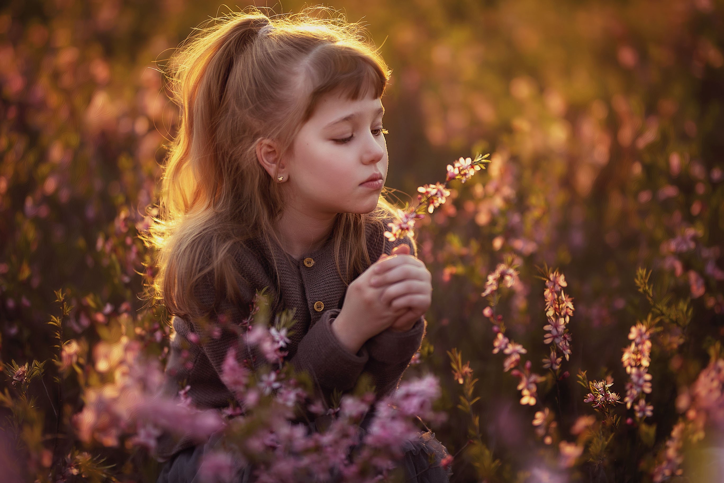 девочка  детство, вечер, парк,  закат, цветы весна, Марина Еленчук