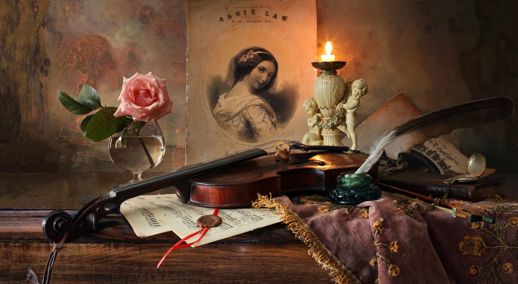 скрипка, музыка, натюрморт, свеча, роза, девушка, рисунок, цветок, Андрей Морозов