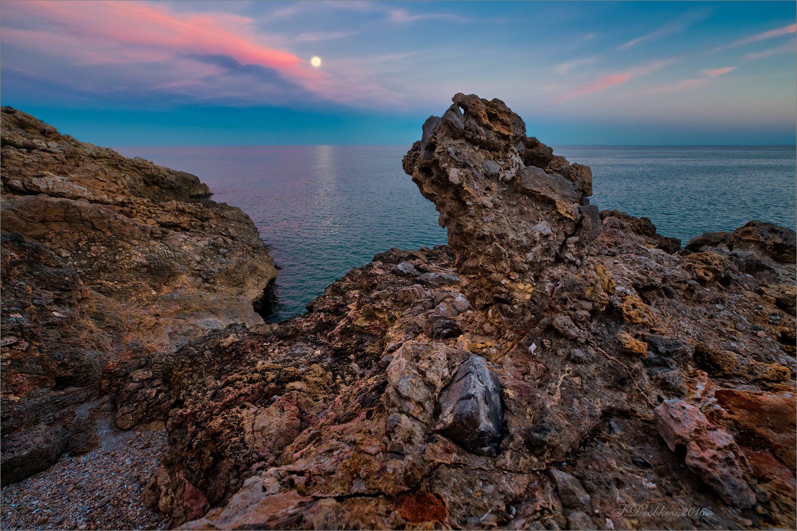 море, закат, скалы, луна, небо, Sergey Drobkov
