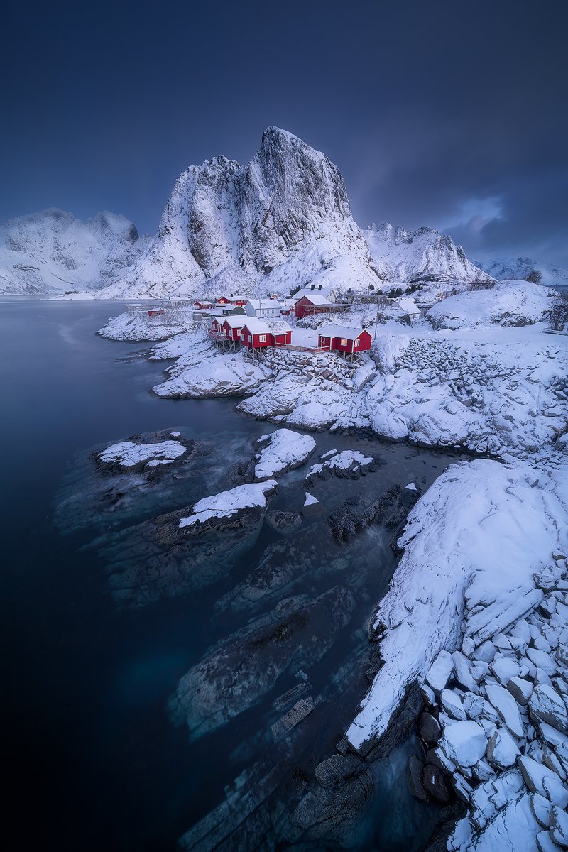 lofoten norway winter landscape snow blue red ocean arctic clouds , Roberto Pavic