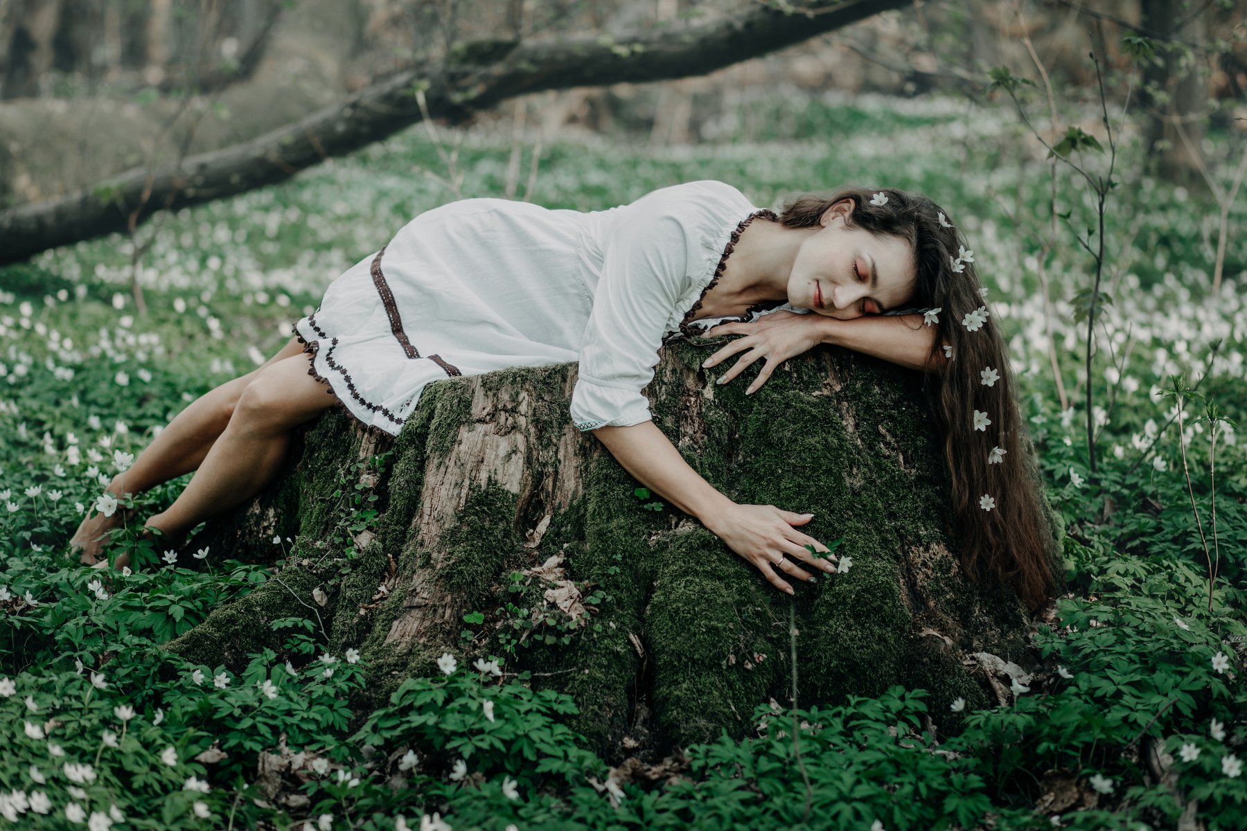 girl, spring, flowers, forest, Mila Agafonova