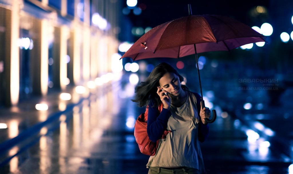портрет, девушка, дождь, зонт, улица, ночь, натуральный, свет, 5d, mark, ii, 85мм, 1.4, Сергей Заварыкин