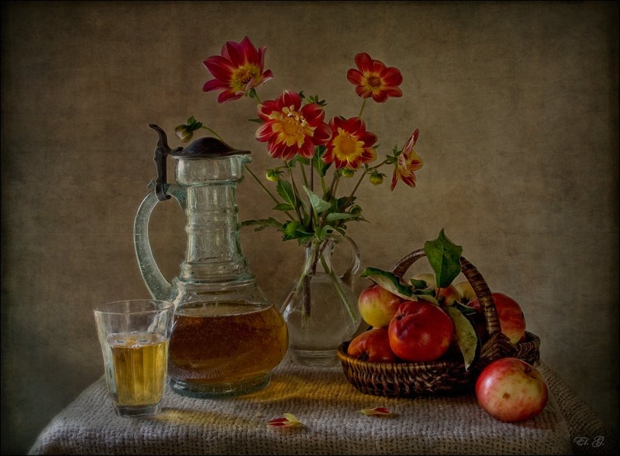 натюрморт, яблоки, сок, цветы, красный, лето, still, life, apples, juice, red, summer, flowers, El. G.
