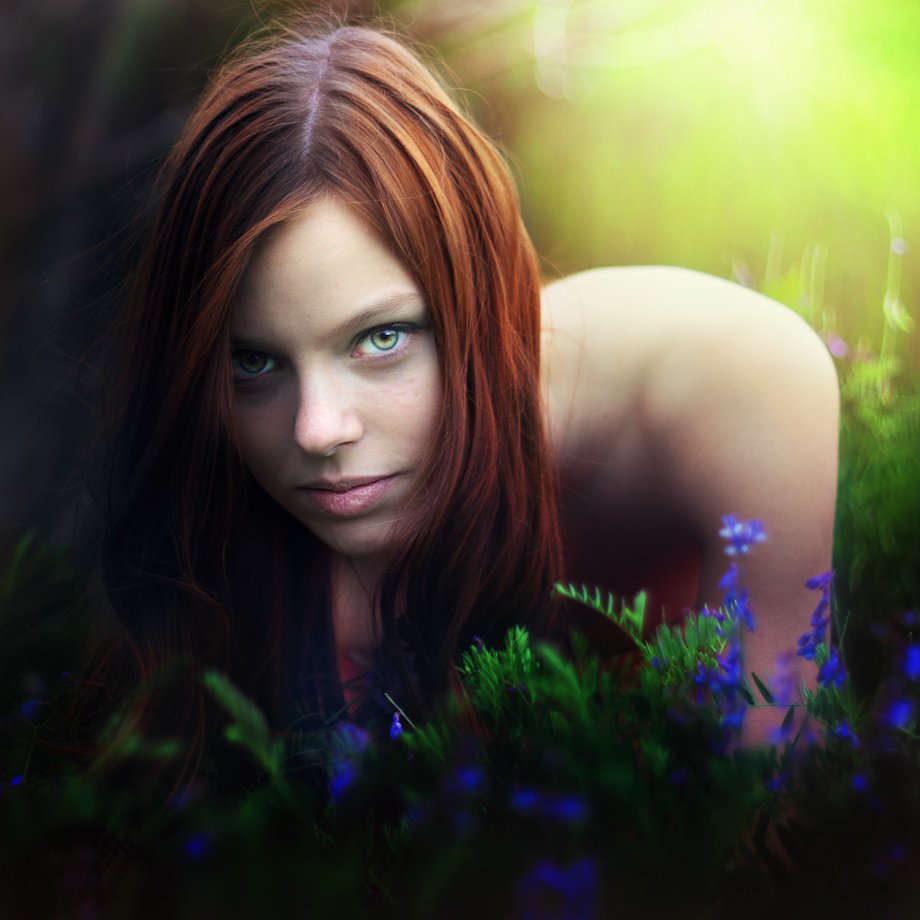 portrait, smigol, color, red hair, eye, light, human, green, woman, Rafał Kurs