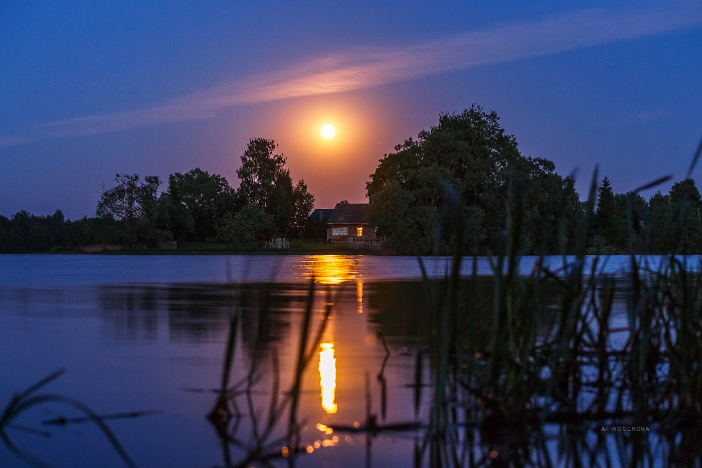 луна вечер лето река отражение дом деревня, Татьяна Афиногенова