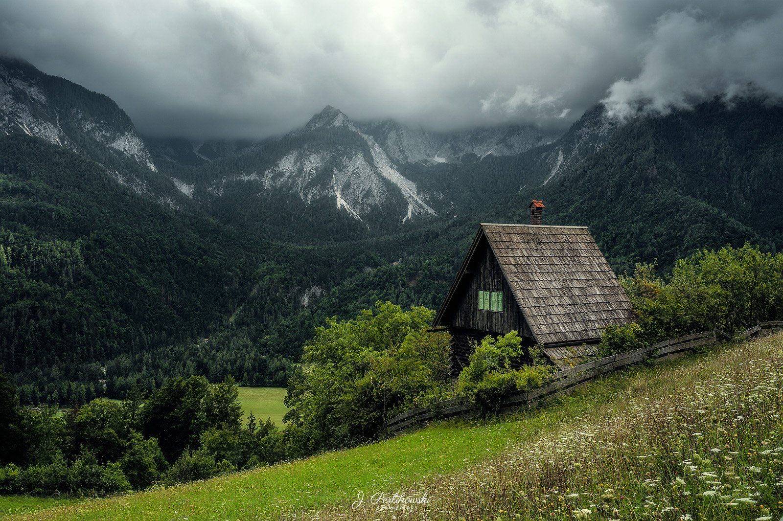 cabin, mountains, Europe, Alps, moody, clouds, rain, spring, greens, Jakub Perlikowski