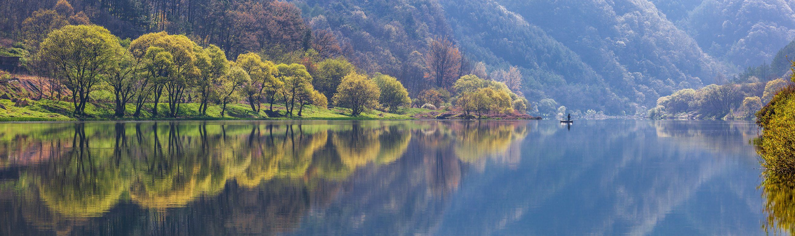 lake, water, reflection, light, mountains, boat, trees, Jaeyoun Ryu