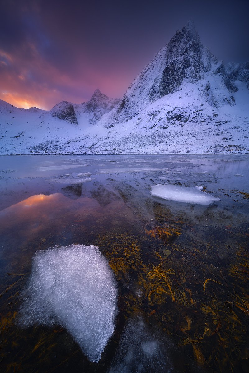 stortinden lofoten norway sunset winter snow ice landscape mountain reflection , Roberto Pavic