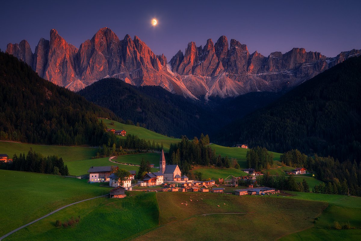 moon moonrising landscape mountain church night sunset village dolomiti dolomites italy europe , Roberto Pavic