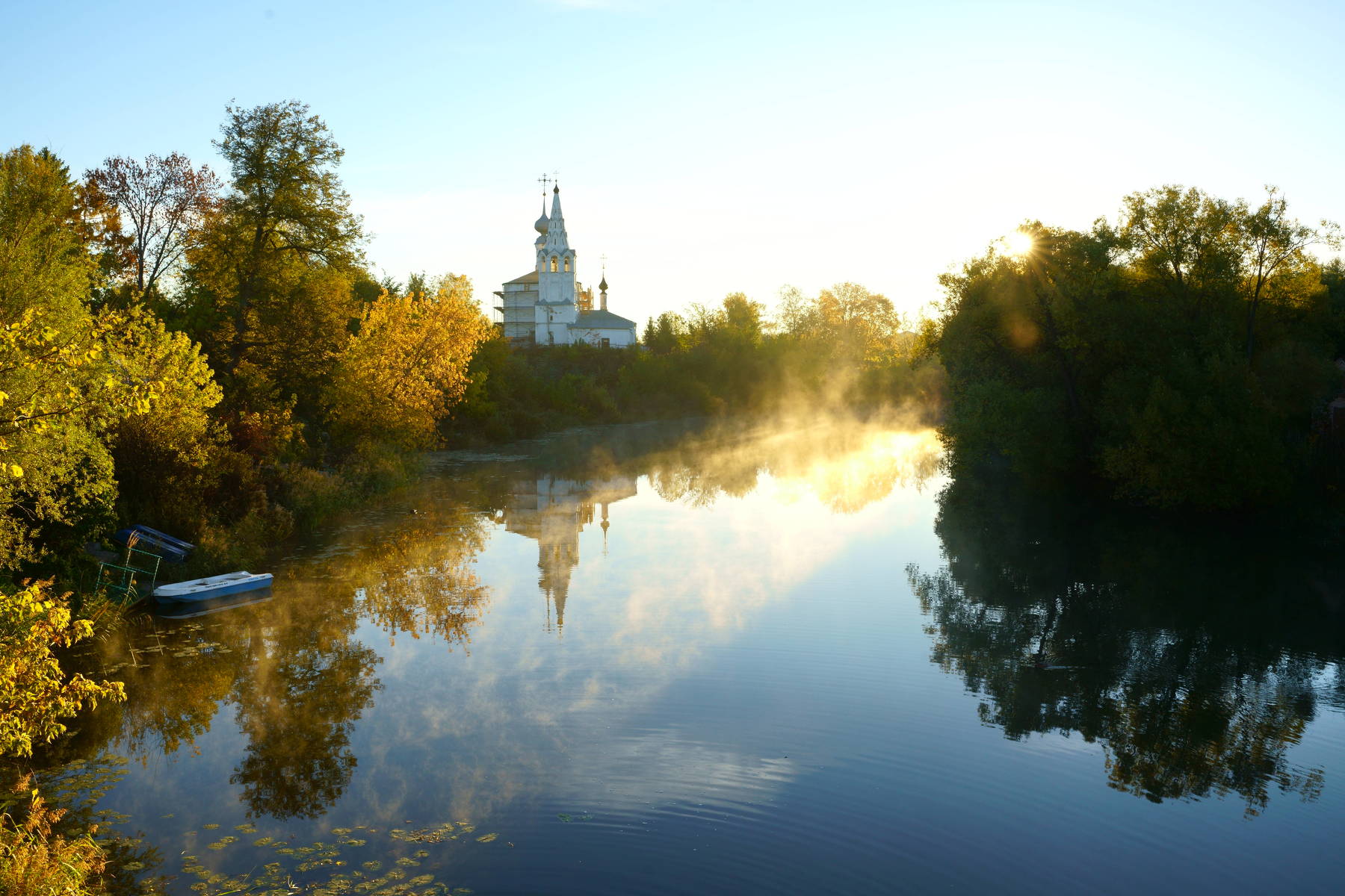 russia, suzdal, landscape, morning, houses, river, autumn, reflection, sunlight, fog, travel, beautiful, kamenka, boat, Shin