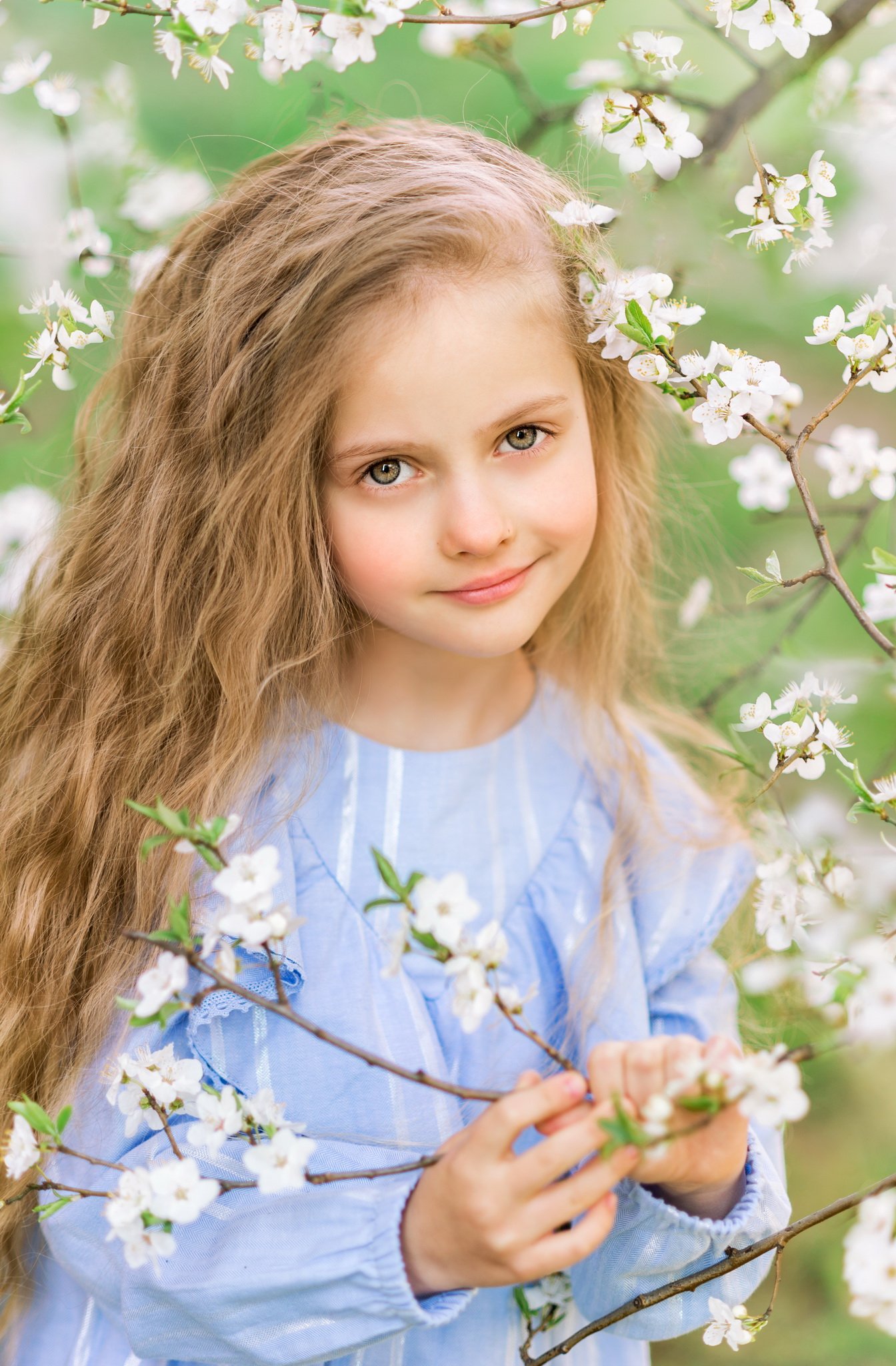 Spring, girl, child, flowers, portrait, cherries, Шавловская Марина