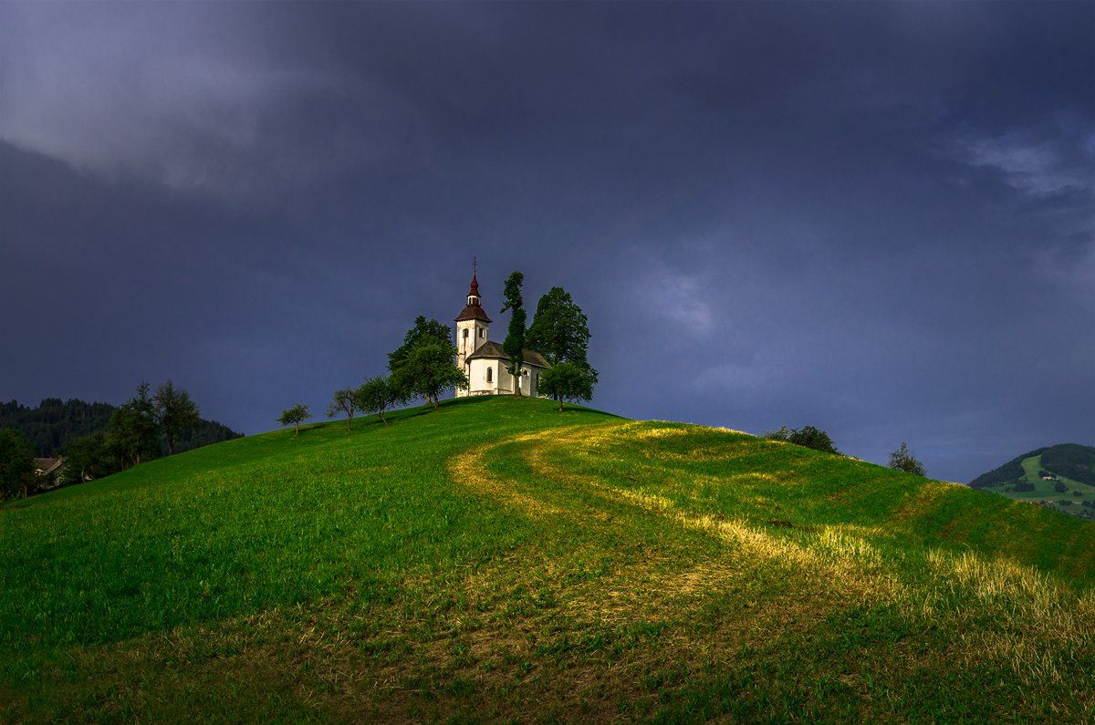 landscape nature scenery chapel church rain clouds mountain slovenia, Александър Александров