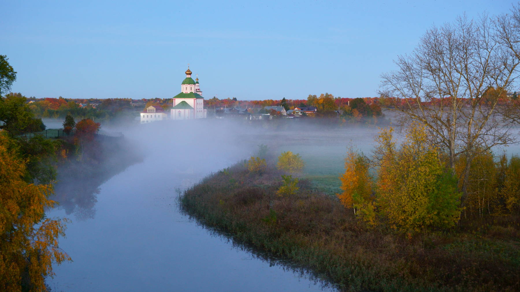 russia, suzdal, landscape, morning, houses, river, autumn, church, fog, architecture, travel, beautiful, houses, Shin