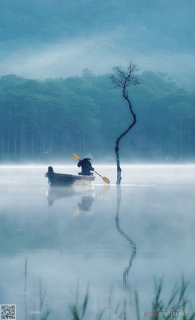 quanphoto, landscapes, morning, reflections, tree, boat, fisherman, misty, lake, plateau, vietnam, quanphoto