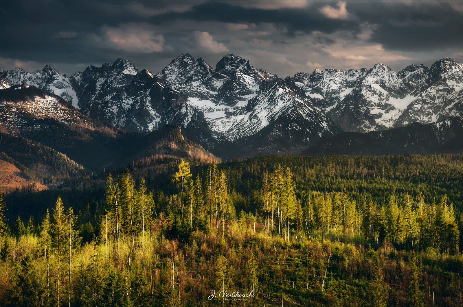 mountains, spring, sunset, warm light, colours, white mountains, Jakub Perlikowski