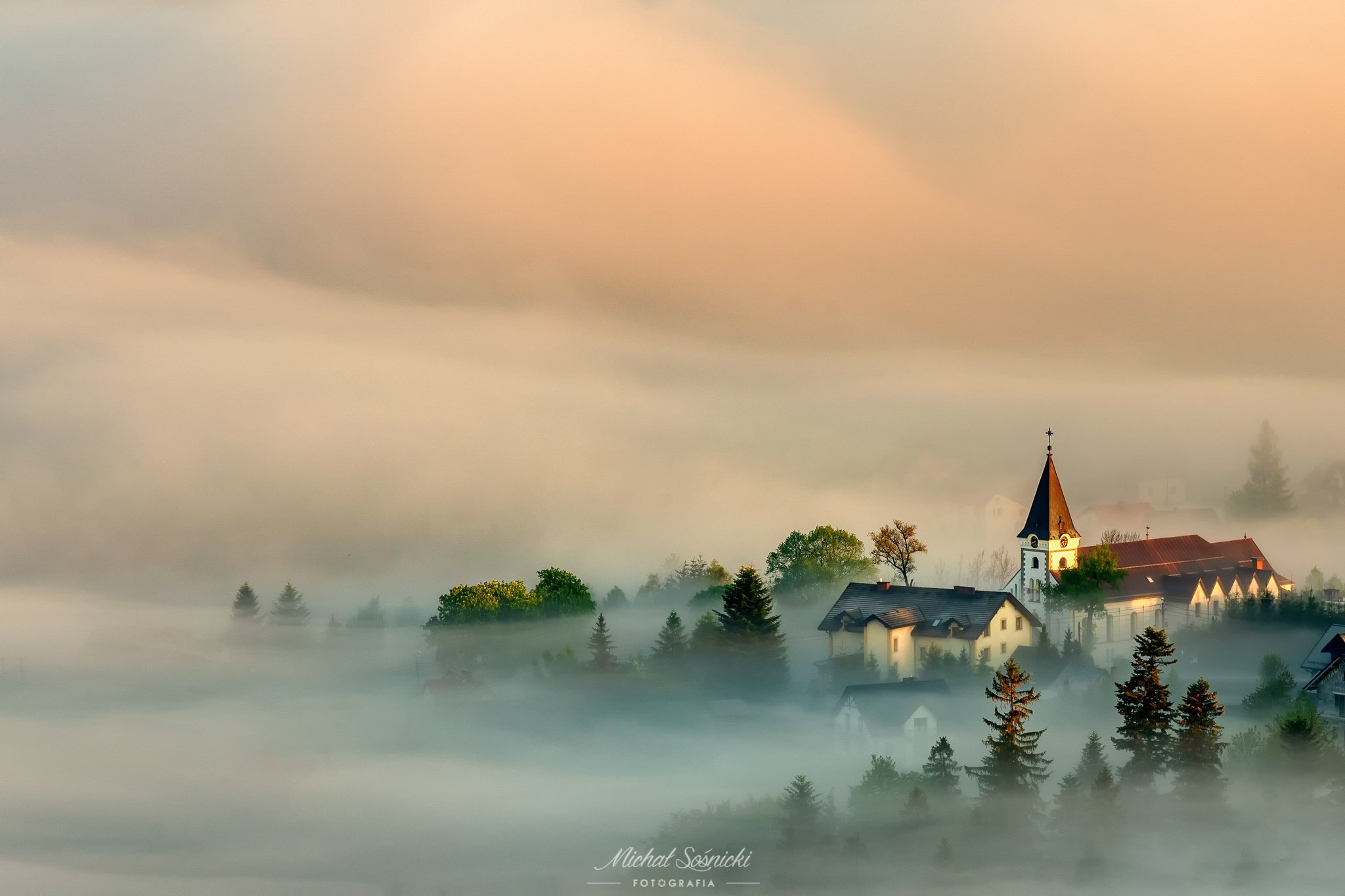 #sunrise #color #landscape #amazing #nature #sky #clouds #church #foggy, Michał Sośnicki