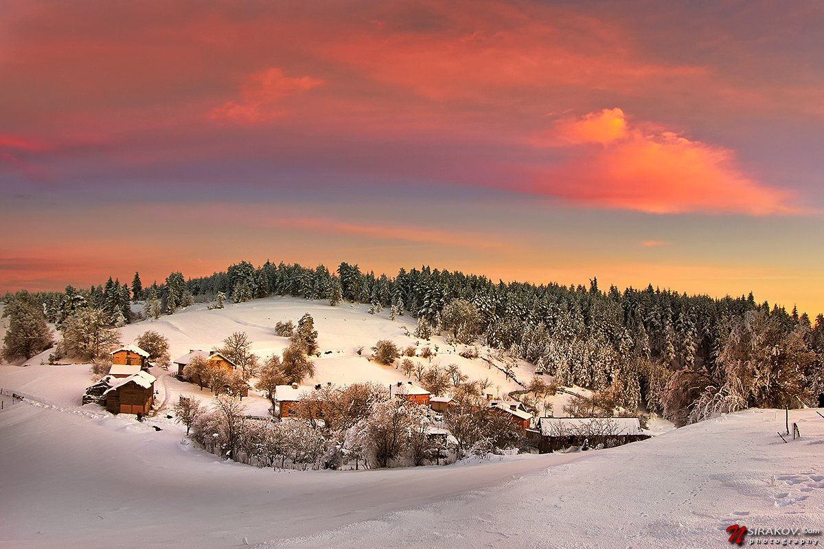 bulgaria, avramovo, sunset, landscape, snow, winter, clouds, pink, blue, nsirakov, Nikolay Sirakov