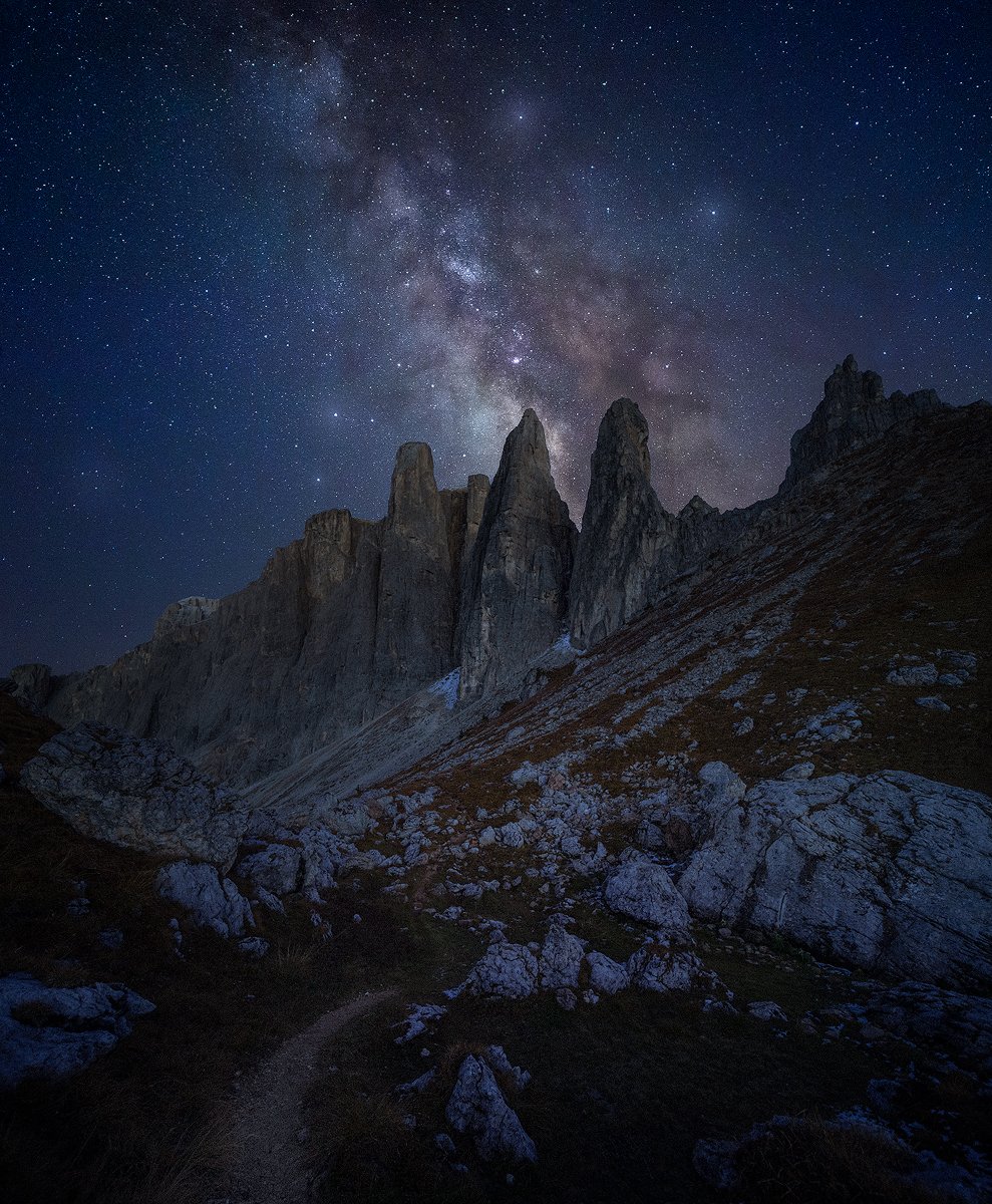 passo sella dolomiti dolomites italy landscape night milky way stars , Roberto Pavic