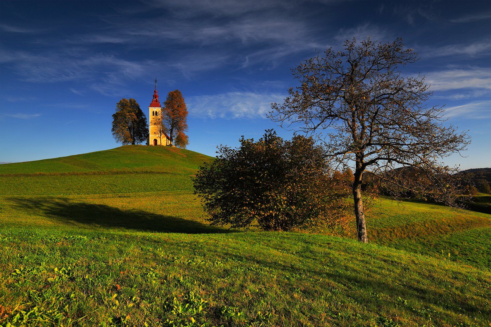 slovenia, church, evening, sunset, tree, meadow, hill, sky, cloud,, Jacek Lisiewicz