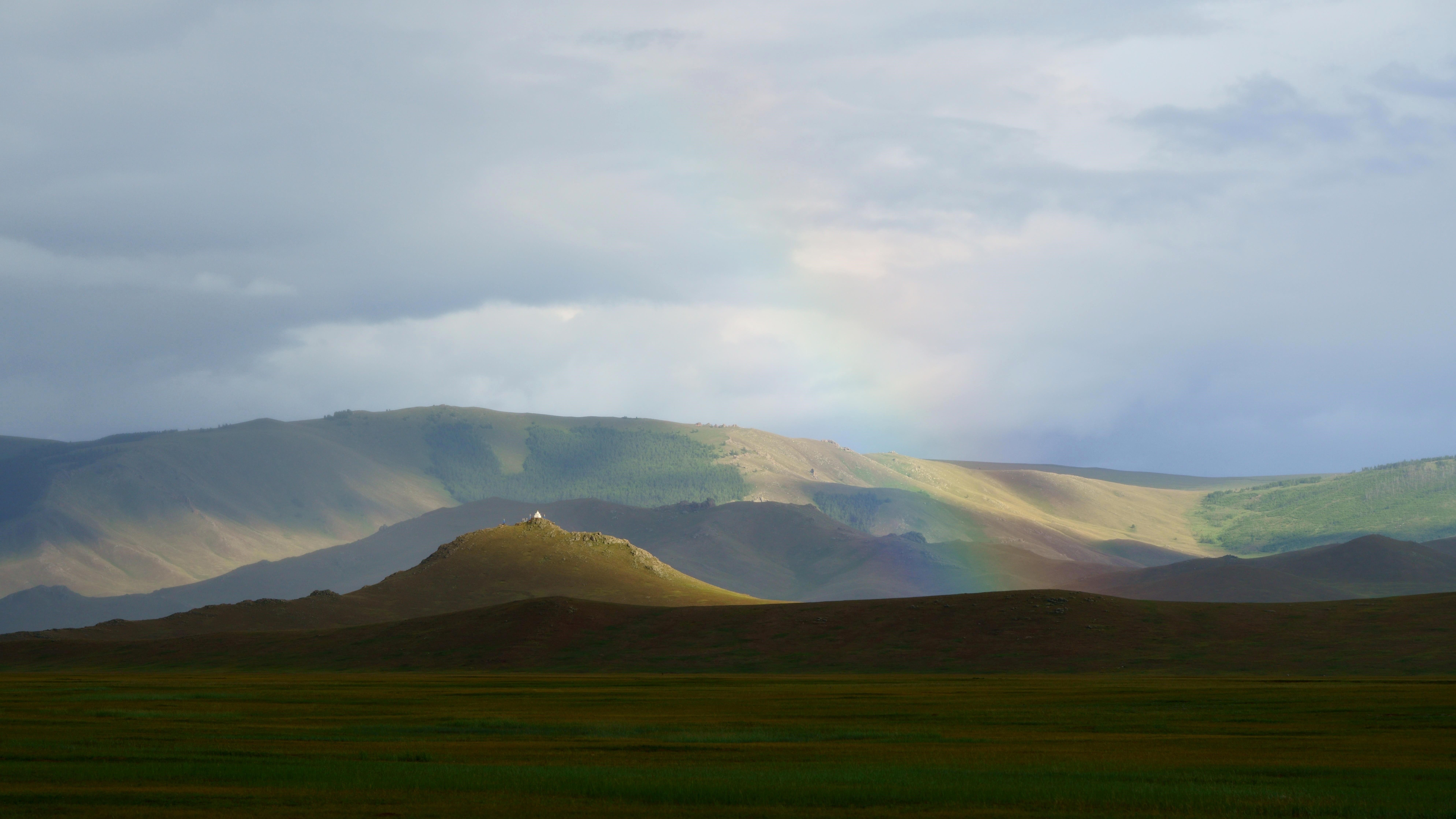 mongolia, grassland, meadow, mountain, rainbow, sky, cloud, travel, beautiful, atmosphere, fatastic, sunlight, Shin