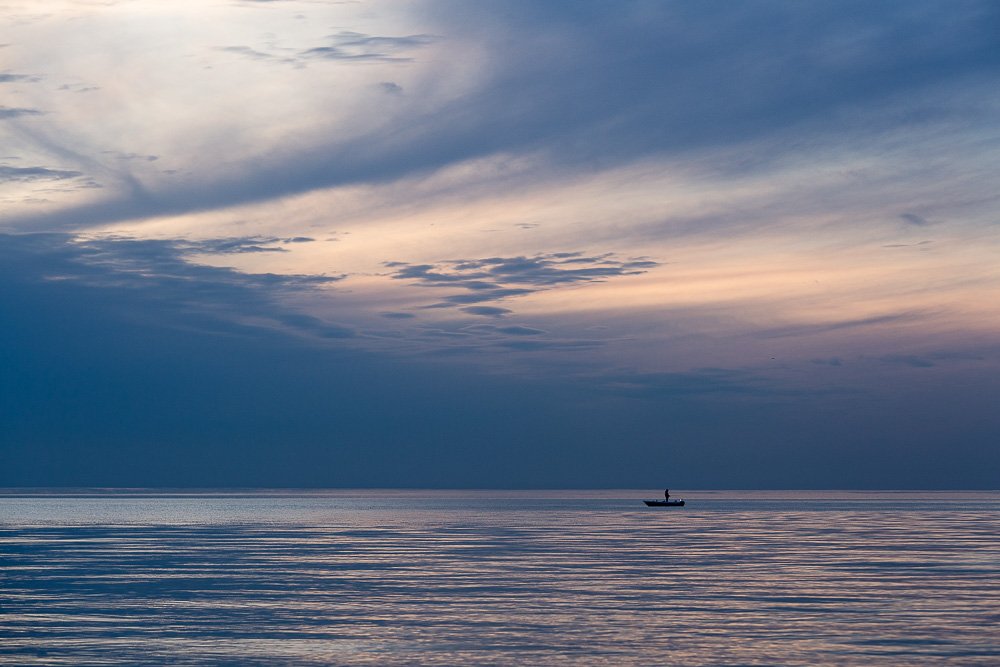 sea,clouds,fisherman,blue,sunset,, Eriks Zilbalodis