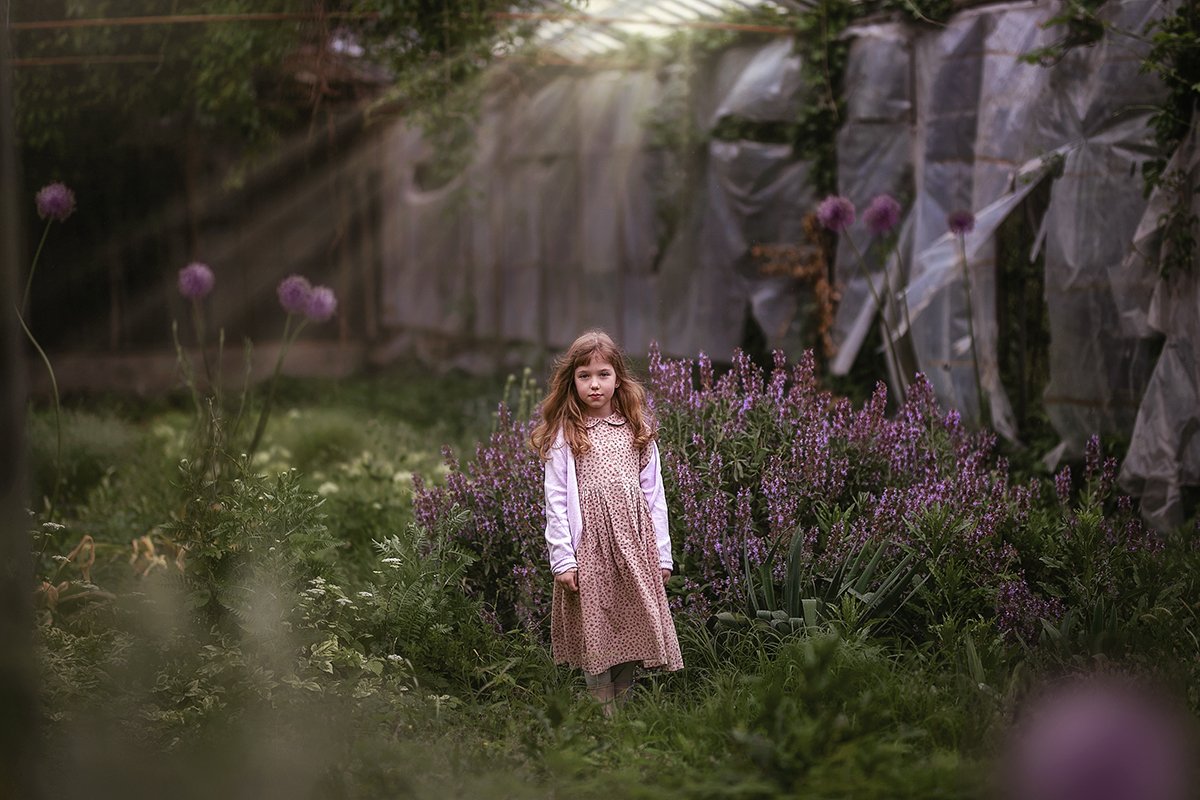 детство ребенок оранжерея заброшенность свет девочка трава цветы сиреневый лук, Марина Еленчук