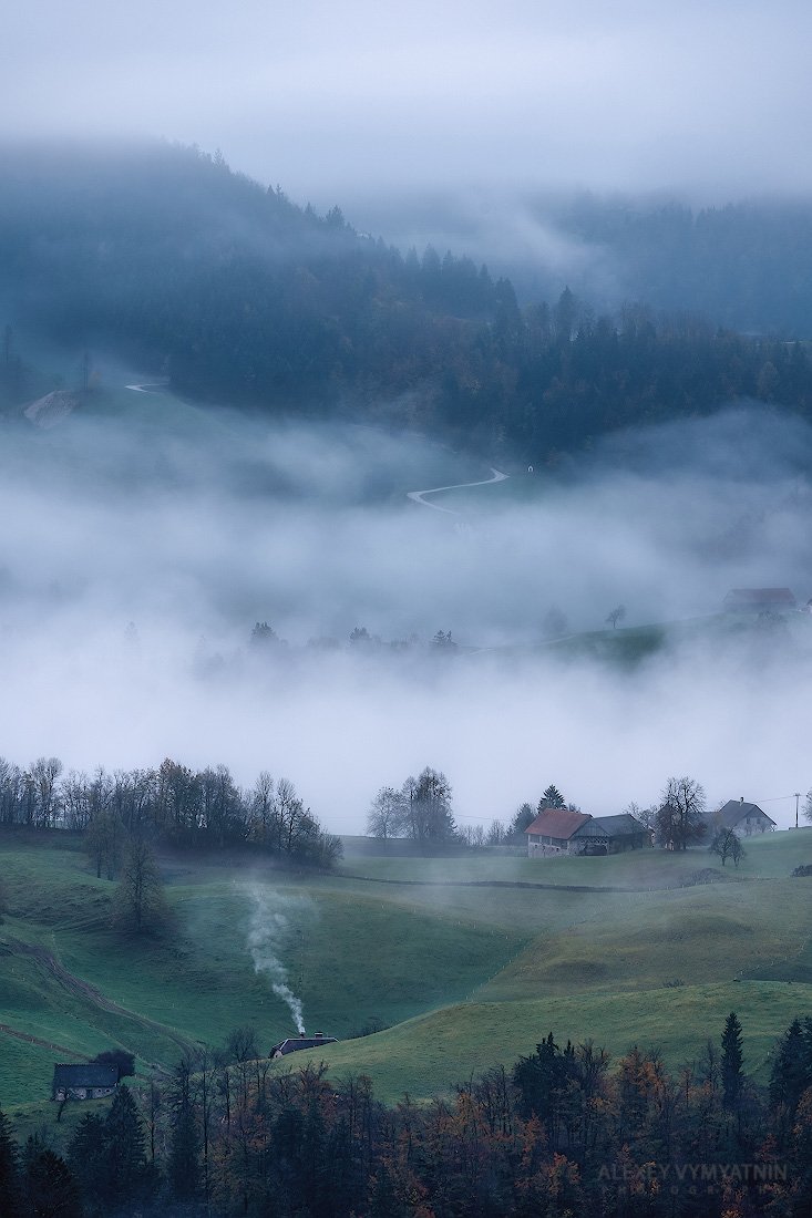 slovenia, fog, morning, village, foggy, slovenian, Алексей Вымятнин