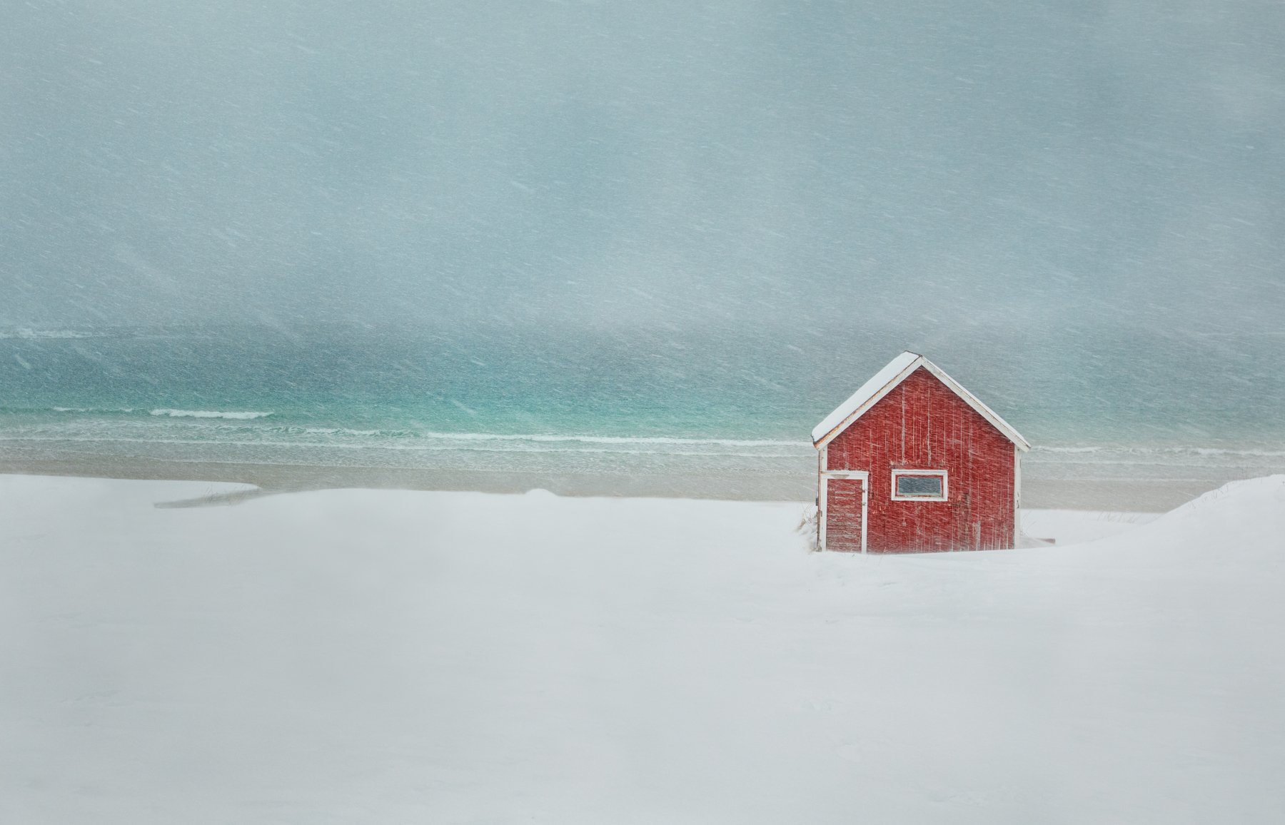 snow, winter, red, house, Vladimir Karamazov