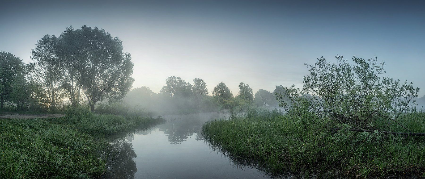 природа утро солнце туман озеро лето, Михаил Корнилов