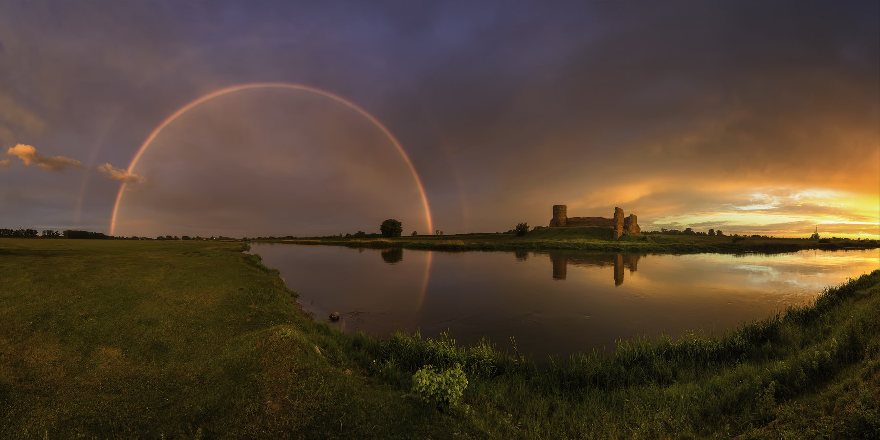rainbow, castle, ruins, poland, river, warta, Bartłomiej Kończak