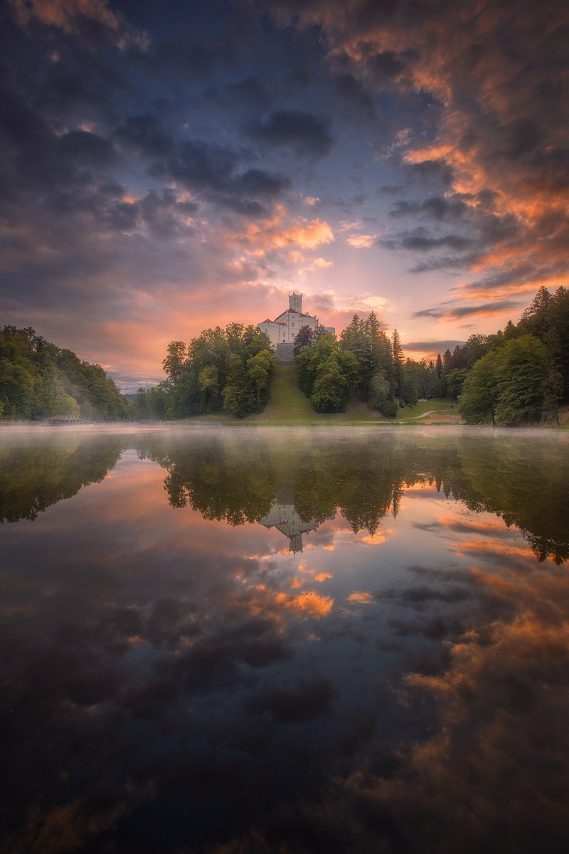 trakoscan croatia landscape sunrise clouds mist reflection forest sky , Roberto Pavic