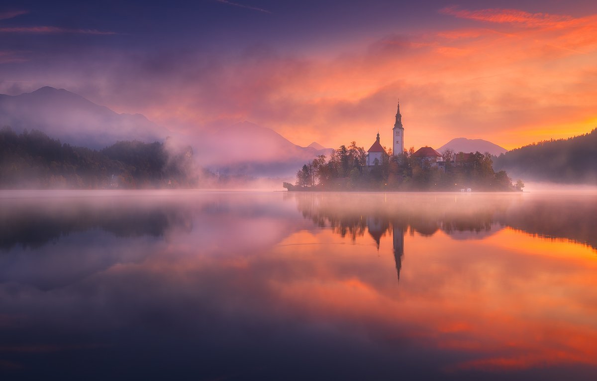 bled, slovenia, lake, reflection, mist, fog, sunrise, castle,, Roberto Pavic