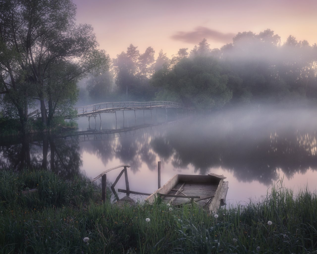 туман, пруд, мост, река, лето, Дмитрий Медянцев