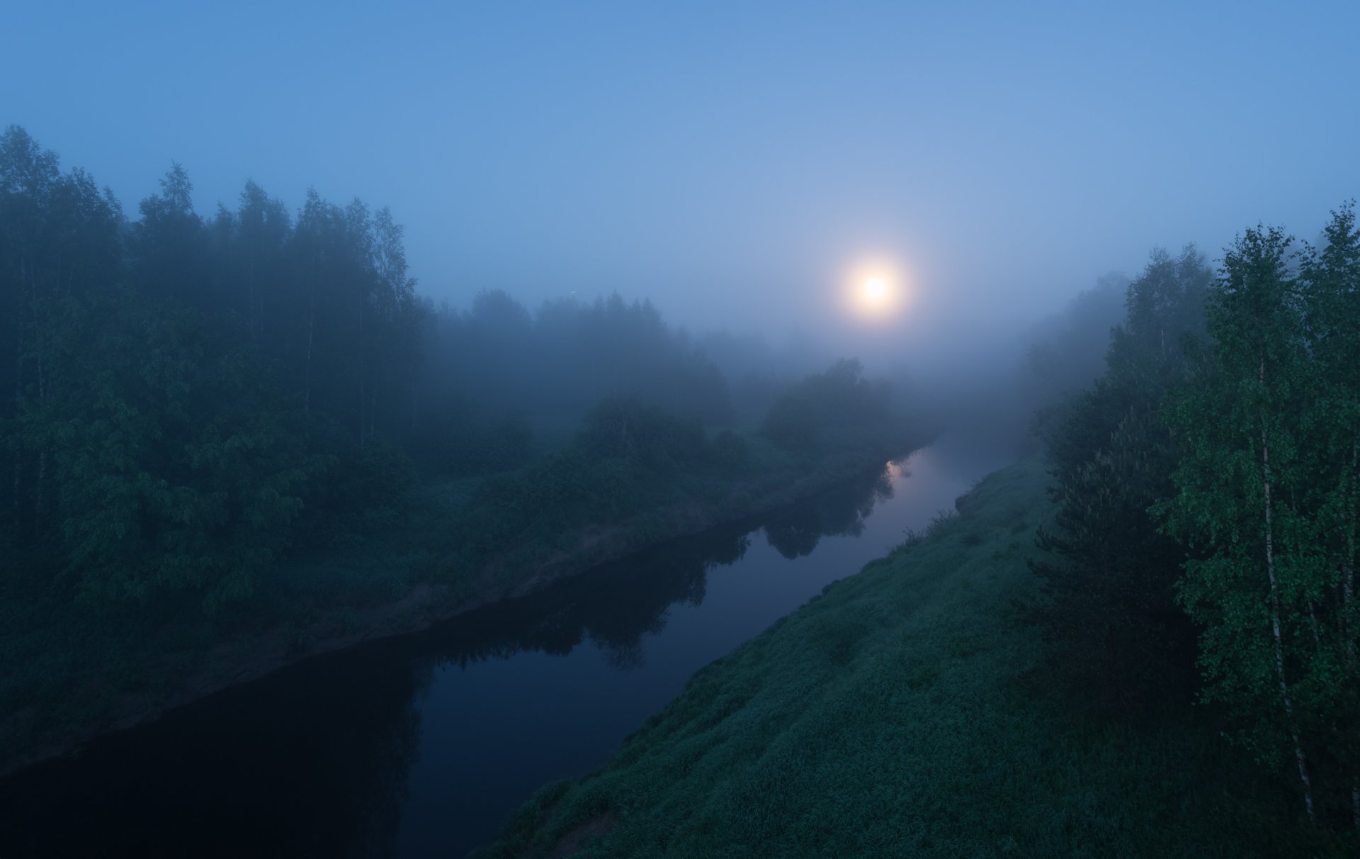 луна, туман, полнолуние, новгородская область, Роман Фабричный