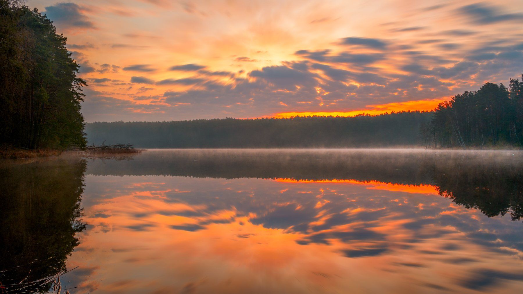 sunrise,lake,mist,nature,forest,mirror,sky,clouds,trees,landscape,light,nikon,, Krzysztof Tollas