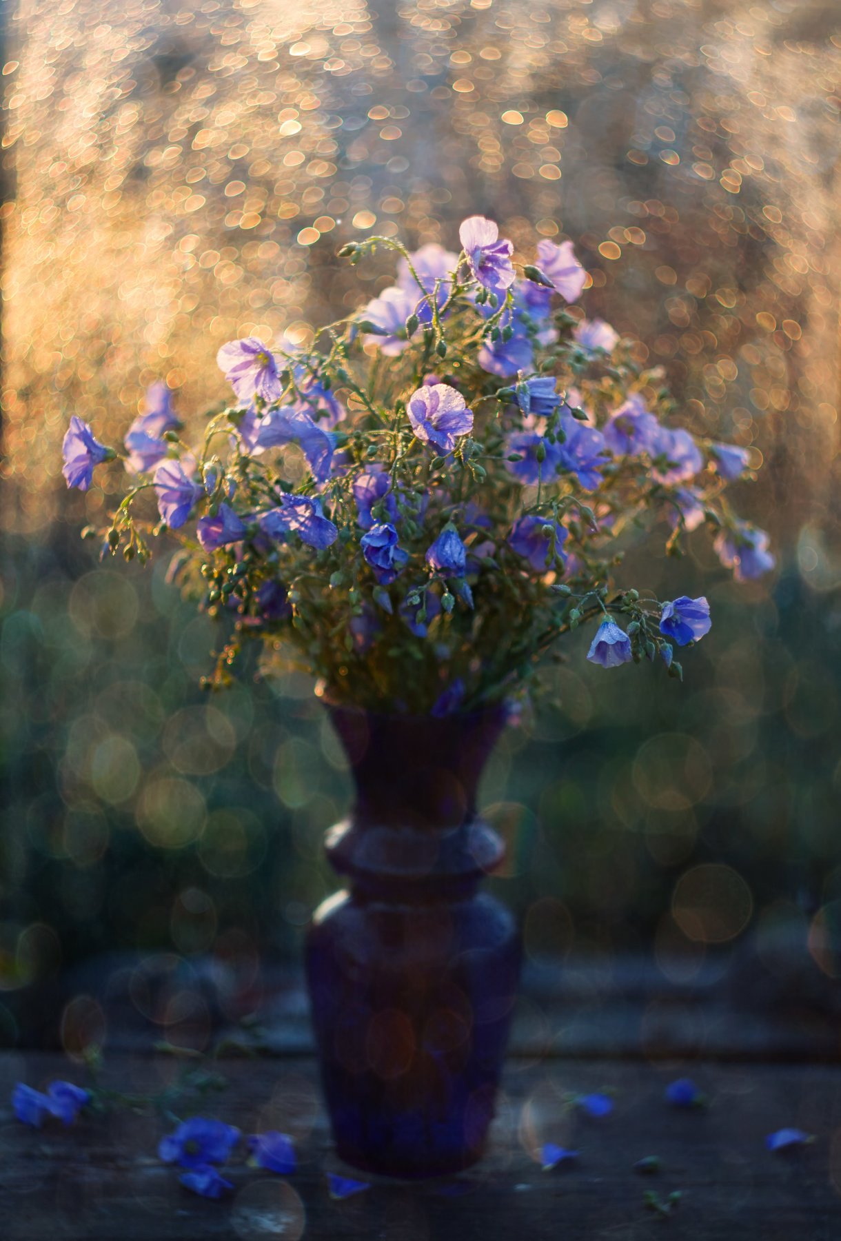 цветы, букет, лён, синяя ваза. стекло, закат, боке, натюрморт, Лионелла Зимина