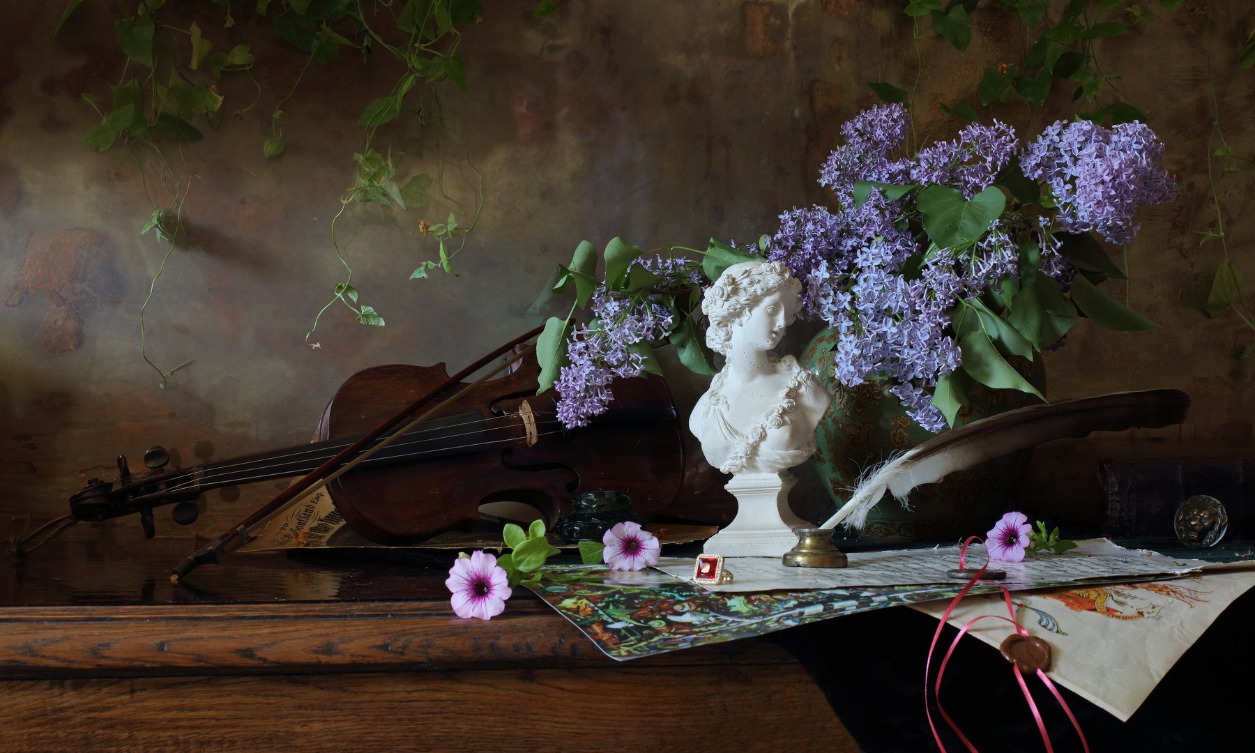 цветы, сирень, скрипка, музыка, девушка, скульптура, Андрей Морозов