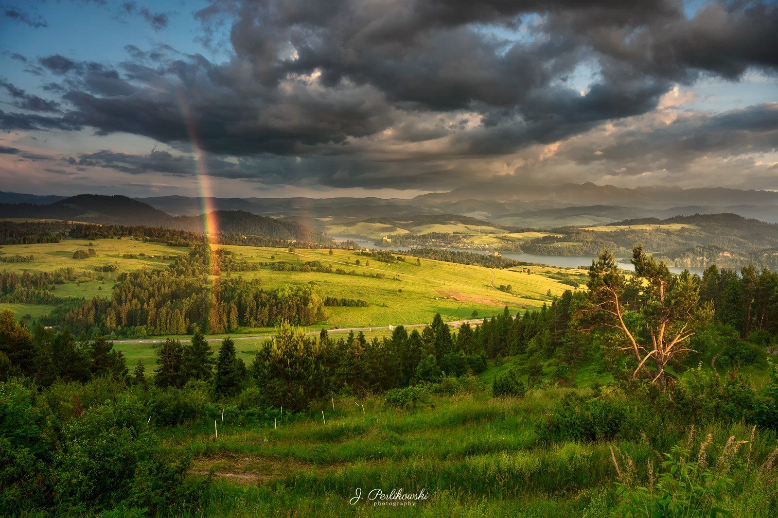 landscape, rainbow, mountains, clouds, stormy, sunset, Jakub Perlikowski