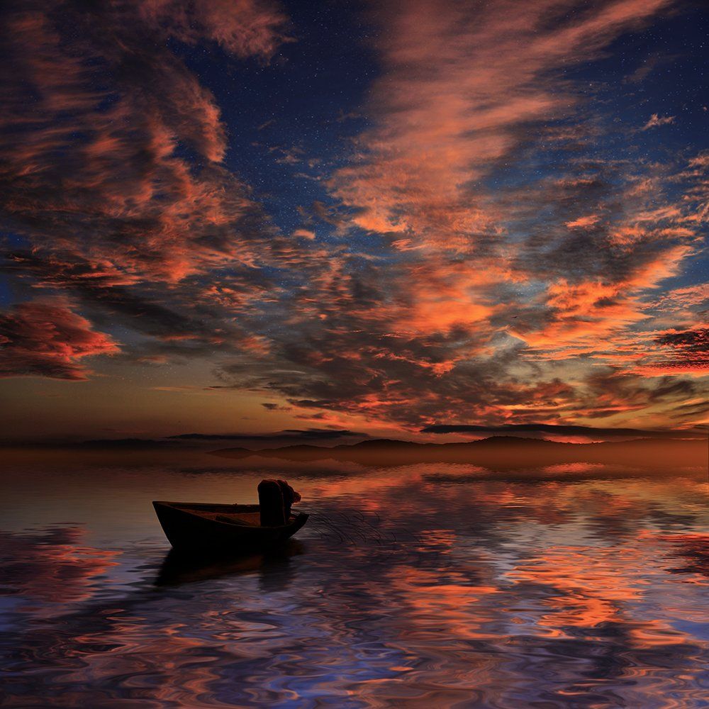 boat, man, fisherman, sky, clouds, fire, ps, psd, photoshop, tutorials, manipulation, Caras Ionut
