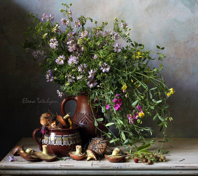 грибы, маслята, полевые цветы, букет, Елена Татульян