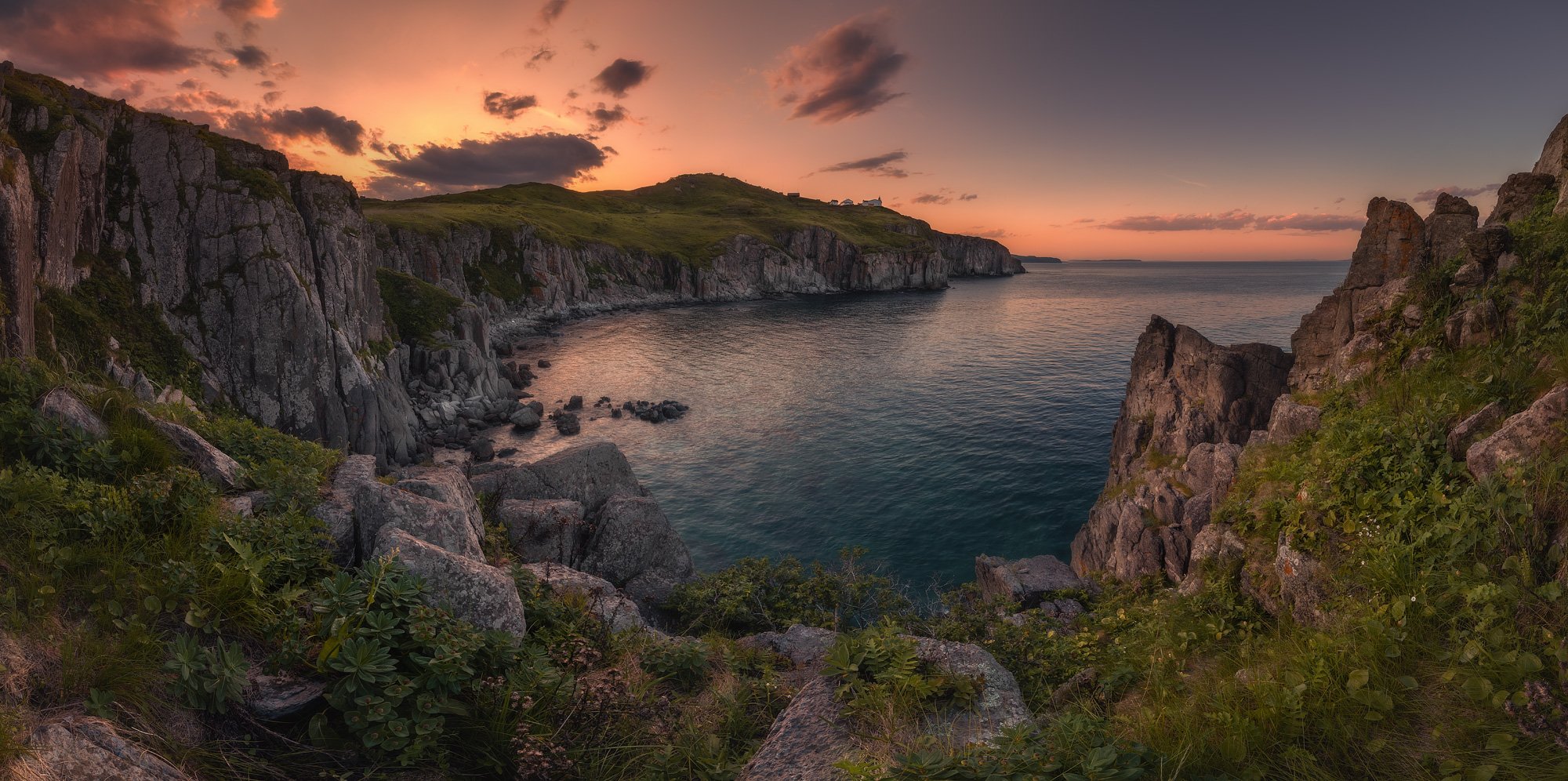 панорама, море, скалы, закат, маяк, Андрей Кровлин