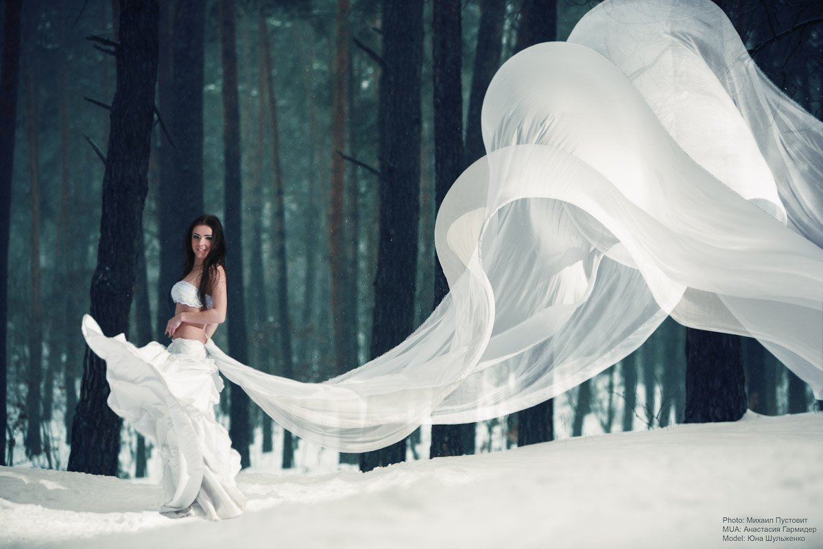girl, cloth, wind, snow, forest, Михаил Пустовит