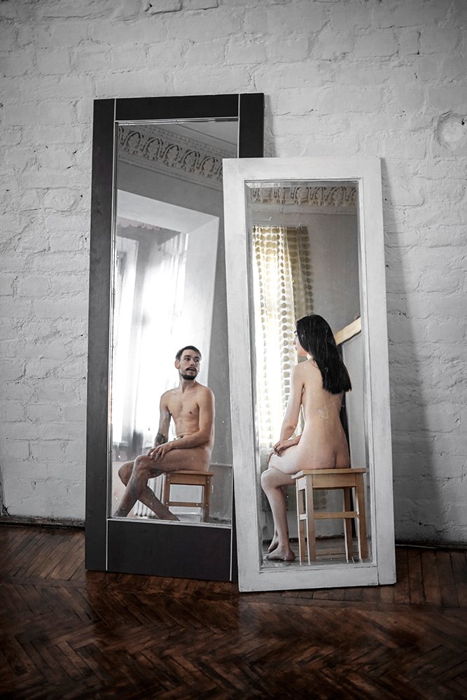 парень девушка постановочная автопортрет зеркало темное светлое отражение, Евгений Лазарев