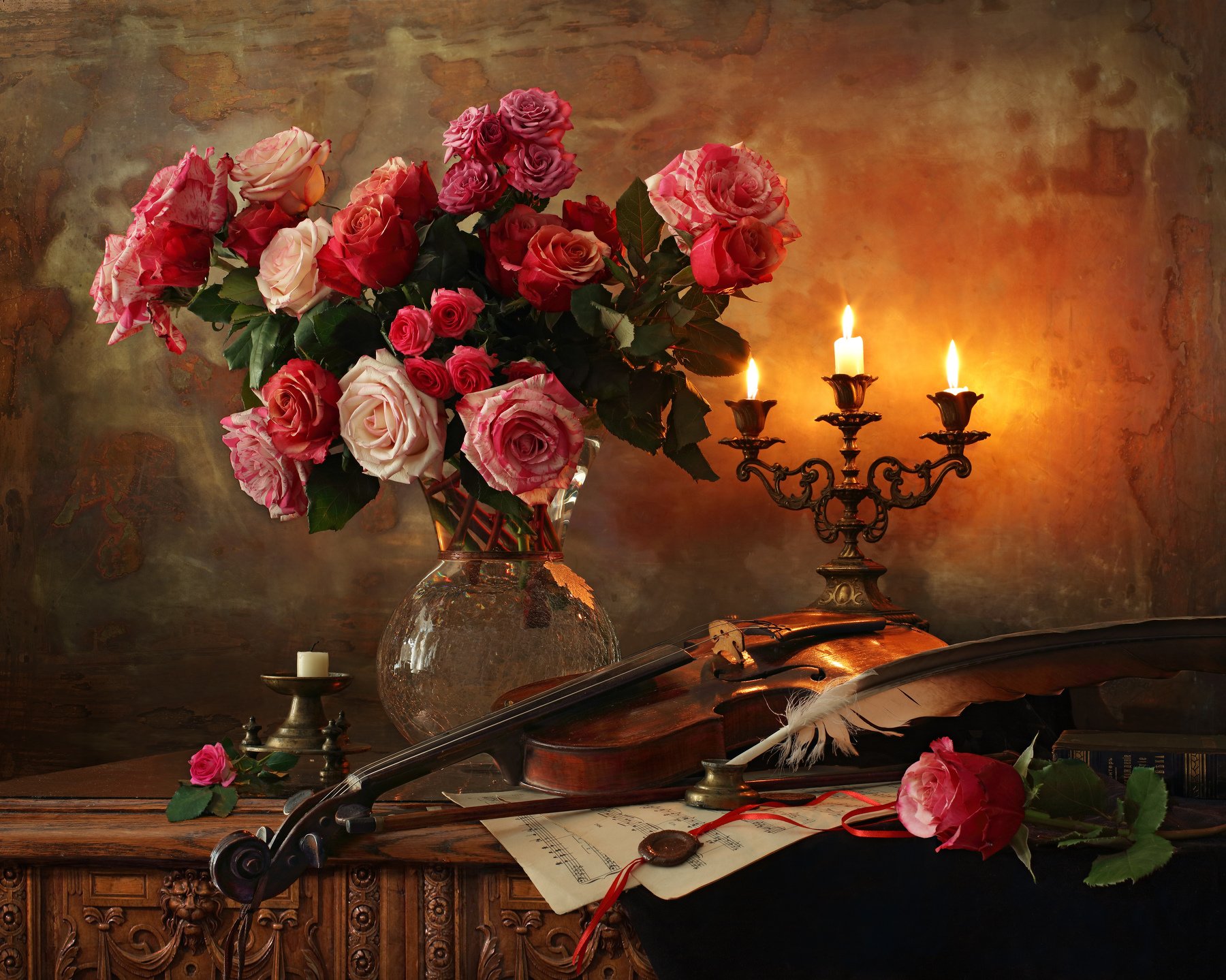 розы, цветы, скрипка, свечи, свет, букет, музыка, Андрей Морозов