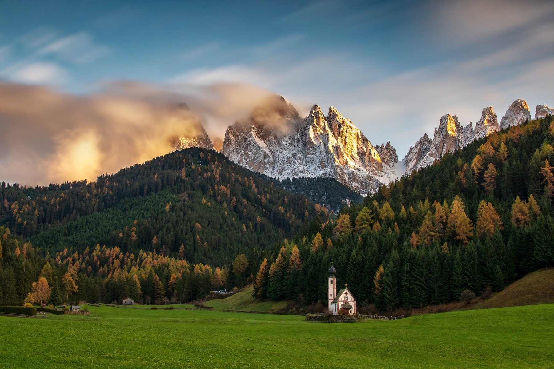 landscape, italy, val di funes, church, sunset, dolomites, ranui, Adrian Stanica